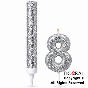 SET BENGALA Y VELA NUMERAL NUMERO 8 CON GIBRE PLATA